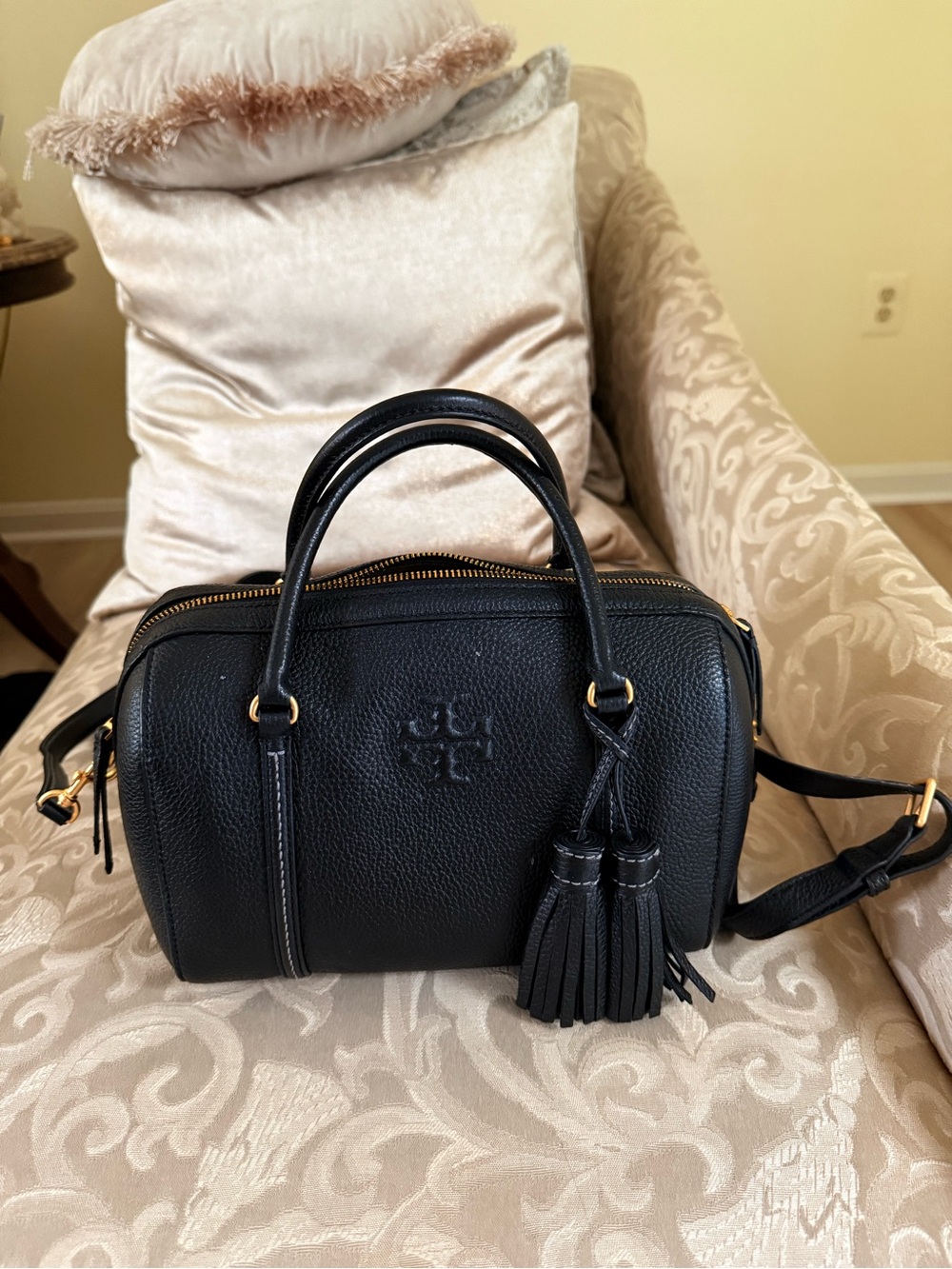 Tory Burch Black Pebbled Leather Satchel with Tassel Charm